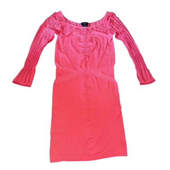 Bebe Coral Pink Long Sleeve Bodycon Dress M/L Sexy Stretch Tight Y2K Eighties - Picture 1 of 7